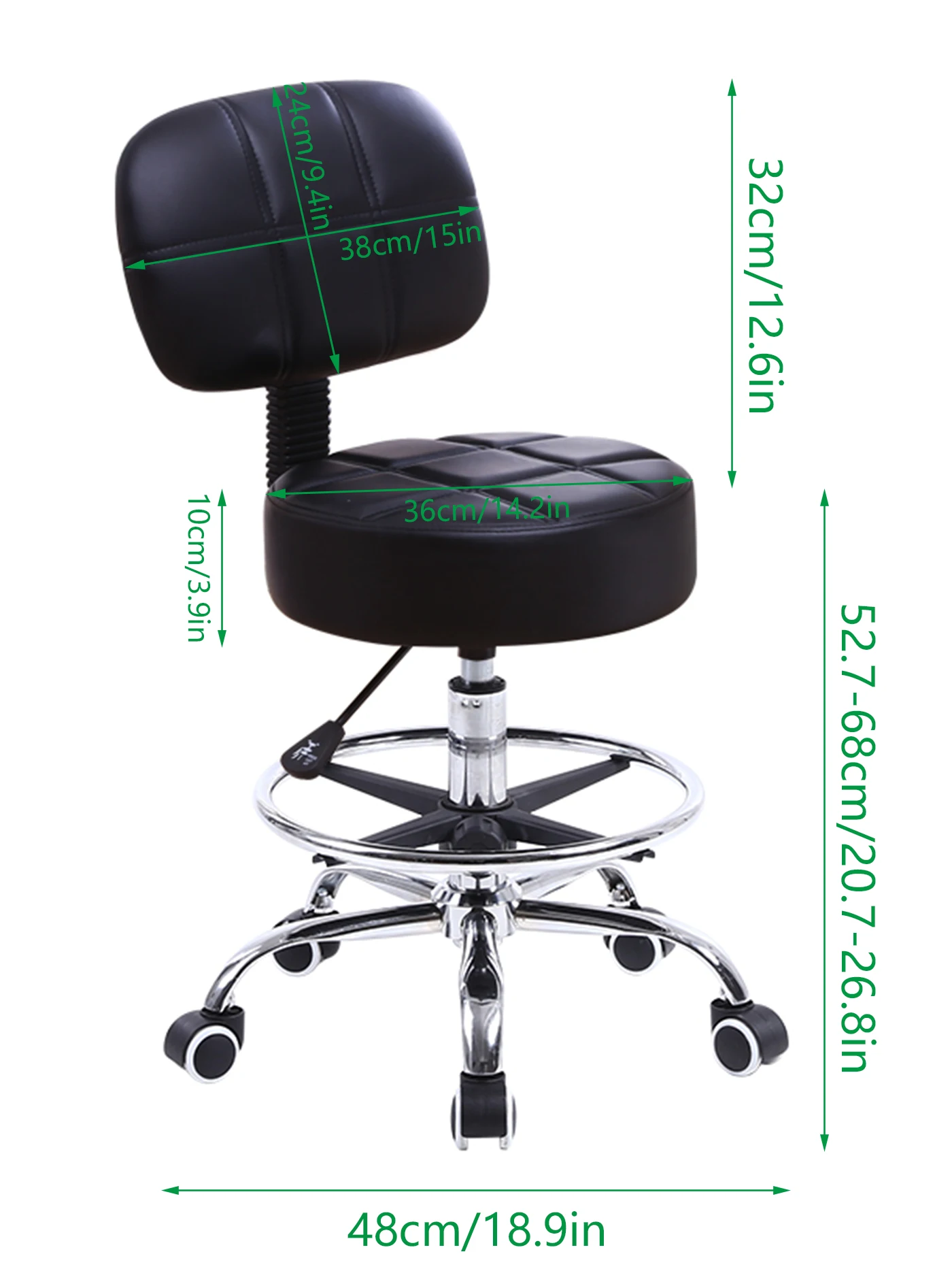 Swivel Round Rolling Stool PU Leather with Adjustable Foot Rest Height Adjustable Task Work Drafting Chair with Back