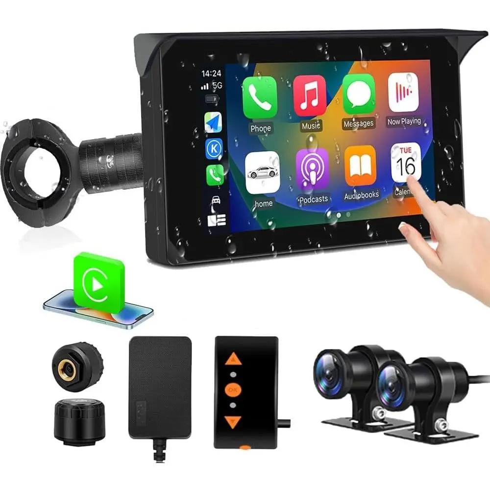 

Motorcycle Carplay Sn, WirelCarplay and Android Auto, Parking Monitoring,Tire Prure Sens, GPS 5 Inch Touchsn Wii Motorcycle Came