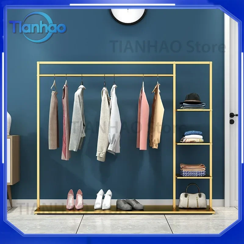 4 Tier Mobile Garment Display Rack with Shoe Storage and Clothes Rail for Shelf Organization Gold Finish