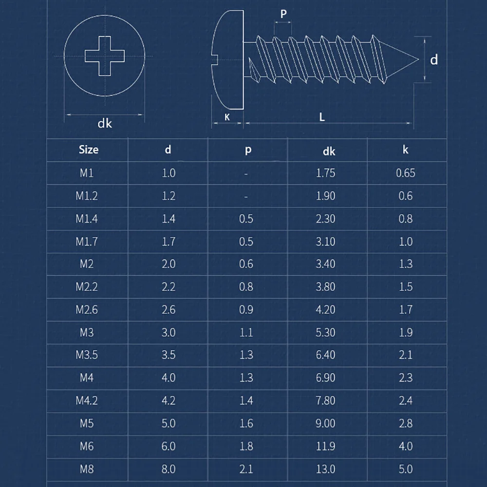 M1 M1.2 M1.4 M1.7M2 M2.2M2.6 304 Stainless Steel Phillips Pan Head Self-Tapping Wood Screws Cross Recessed Button Head Fasteners