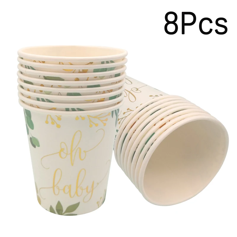 8Pcs Leaves oh baby 1st Happy Birthday Party Disposable Paper Plates Cup Napkin Baby Shower Party Decoration Supplies