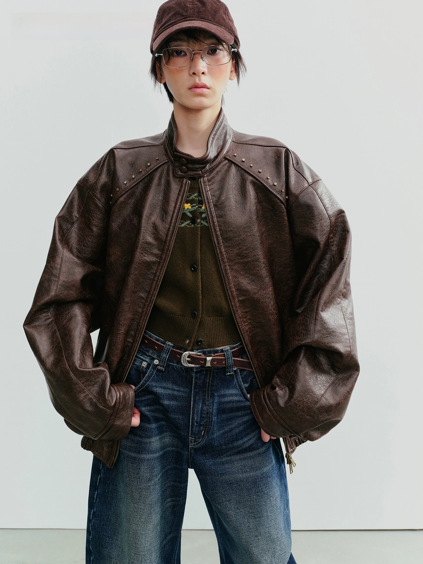 

VERMO k Glossy Rebel Soft Vintage on ape Rivet Decorated Leather Jaet Coat Neutral Sle Long Sve ort Length ...