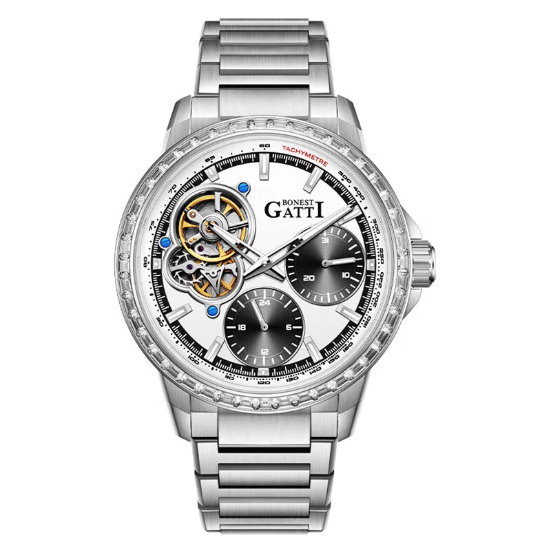 BONEST GATTI Men Automatic Watch 43mm Luxury Mechanical Wristwatch 5ATM Waterproof Sapphire Luminous Skeleton Dial 24 Hours Date