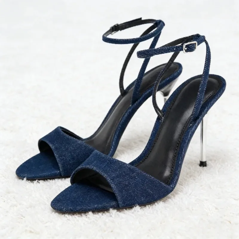 

Denim Blue Thin High Sexy Sandals Women Sexy Open Toe Ankle Buckle Summer Heels Elegant Party Dress Pumps Zapatillas De Mujer