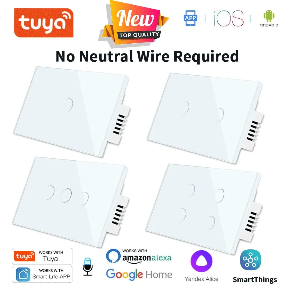 

Умный выключатель TUYA WiFi, без нулевого провода, 1/2/3/4 клавиши, панель из закаленного стекла, сенсорный выключатель света, управление умным домом для всего дома