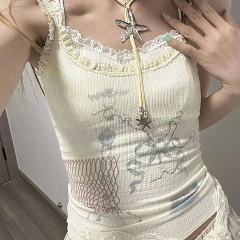 Summer New Lace Stitching Women's Outer Wear Inner Wear Slim Fit Sleeveless Short Bow Print Camisole