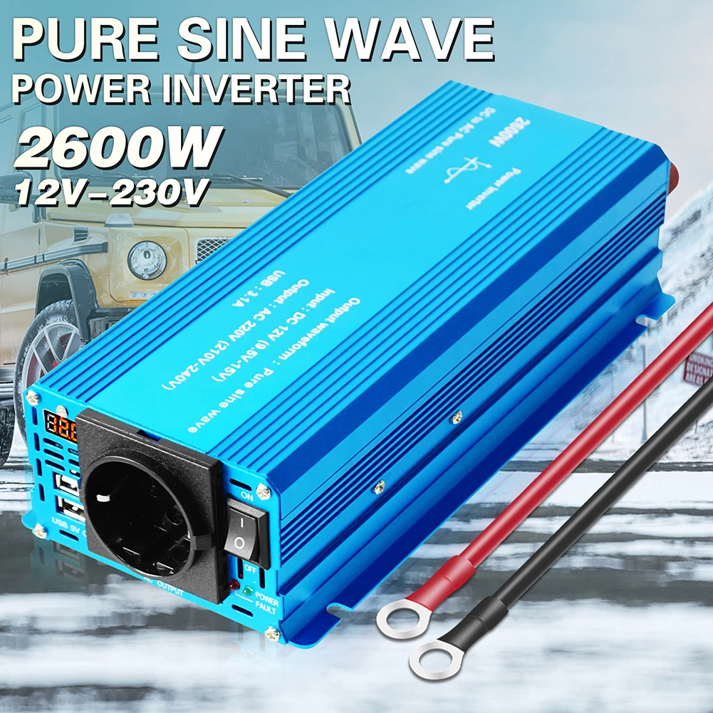 Pure Sine Inverter 12-24V 110-220V 50-60Hz 2600W DC To AC Dual Socket LED Display USB Fast Charging Car Solar Converter Inversor