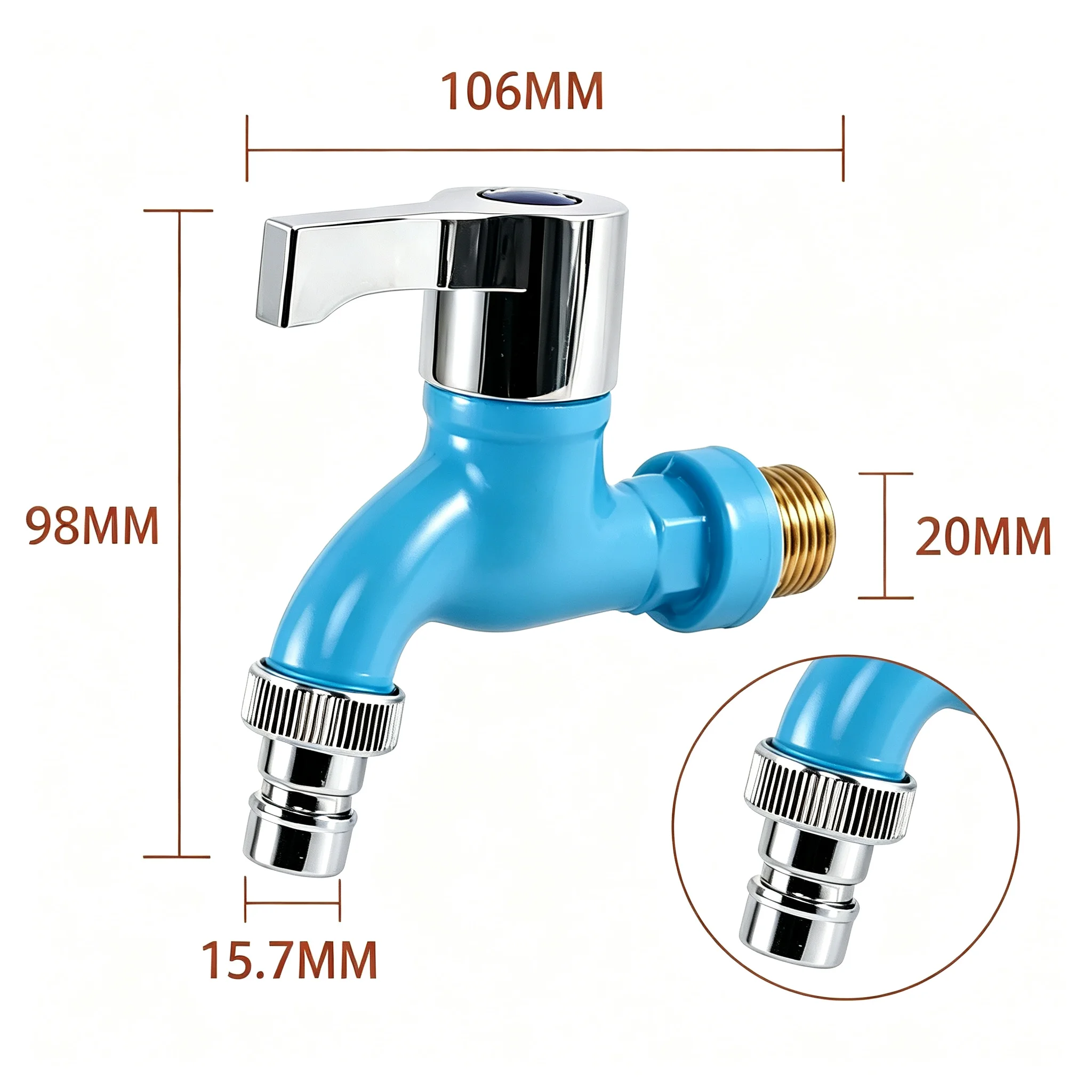 Bright Blue Single Lever Laundry Tap with Anti-rust Brass Thread End Quick Snap Hose Adapter Wall Mount Cold Water Bib Tap
