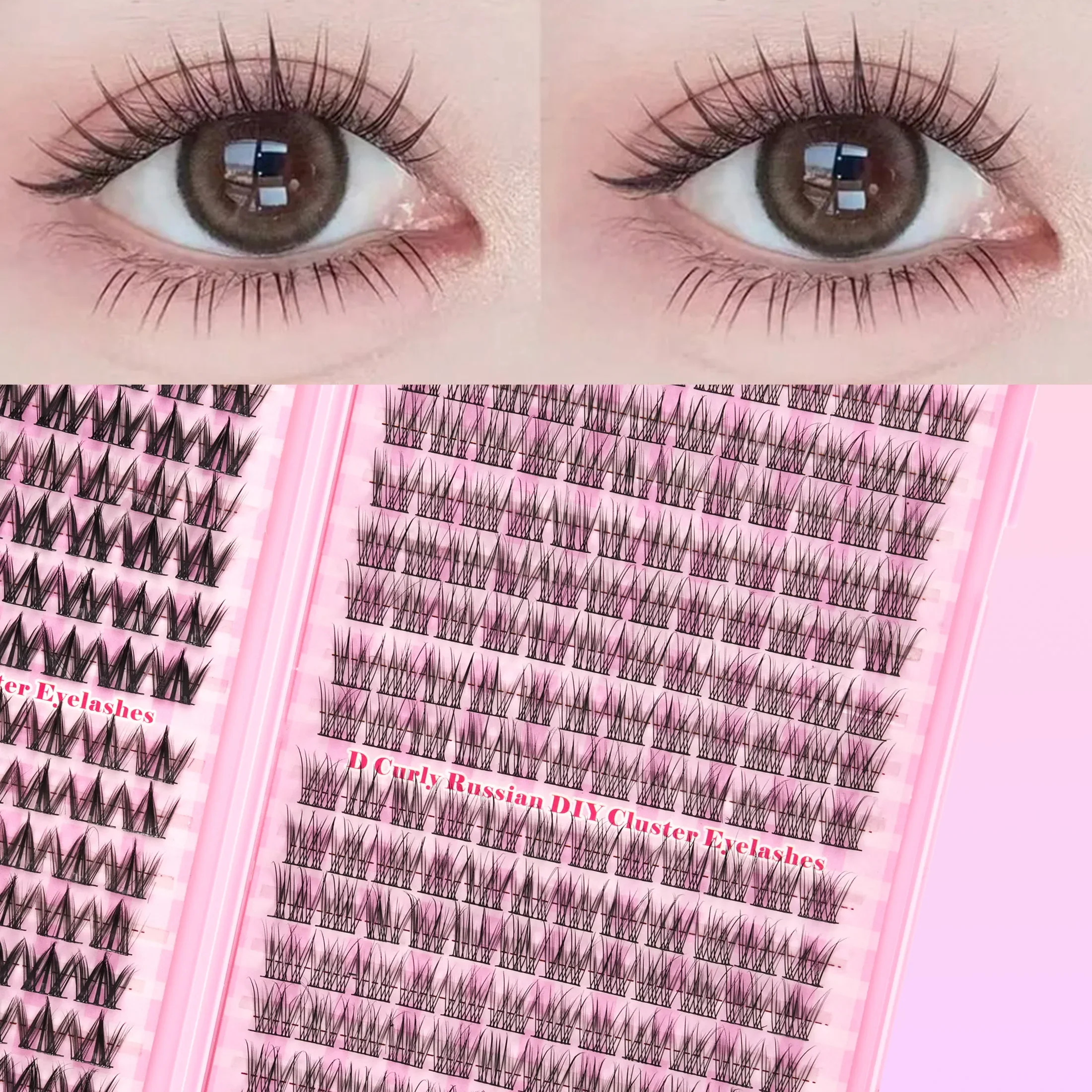 Russian D‑Curl Cluster Lashes Kit DIY Individual False Eyelashes With Bond Seal Tweezer Large Tray For Beginners Eye Makeup