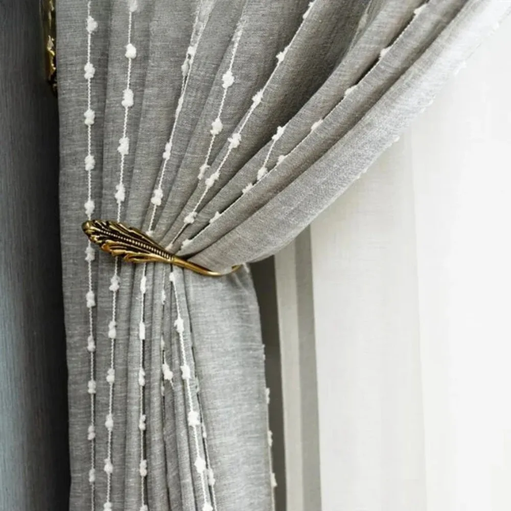 Gray Tulle Curtain White Cotton Ball Vertical Stripes Embroidery Window Screen Living Room Bedroom Balcony