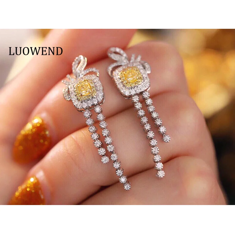

LUOWEND 18K White Gold Earrings Romantic Elegant Style Real Natural Yellow Diamond Drop Earrings for Women High Party Jewelry