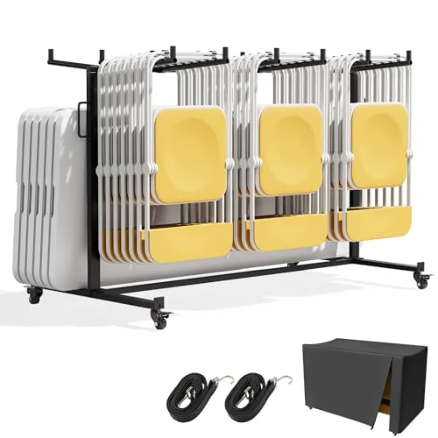 

Folding Chair Rack Holds 42 Chairs or 12 Tables Easy to Assemble Folding Chair Cart on Wheels Includes Dust Cover Elastic Cords