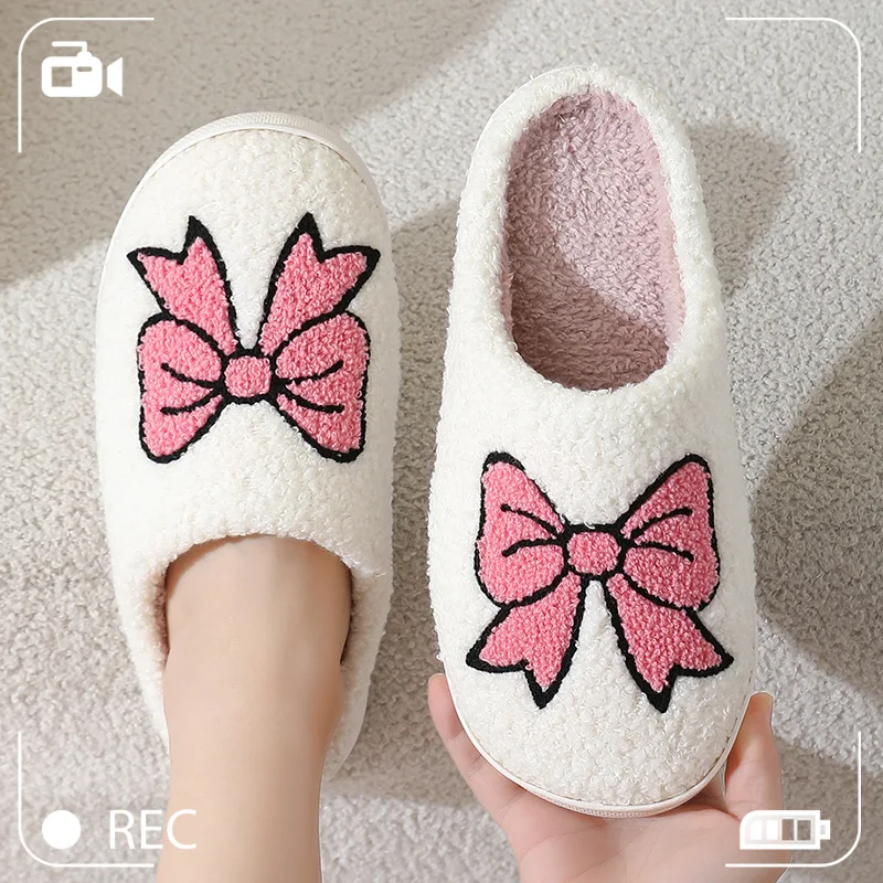 Fashion Cute Pretty Bow Women Slippers Indoor Winter Soft Sole Exquisite Warm Graceful Causal Dormitory Comfy Flat Cotton Shoes