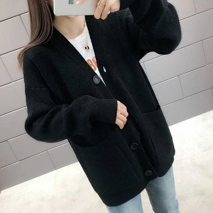 Women\'s Sweater Coat Autumn Korean Loose Solid Color Knitted Cardigan with Button V Neck Oversized Sweaters for Women