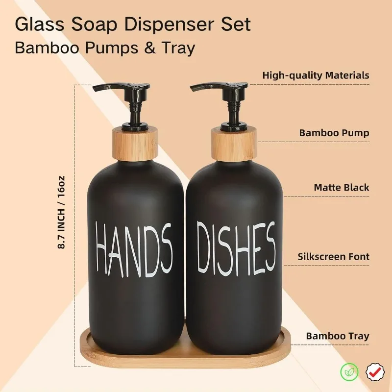 Hand Soap and Dish Soap Dispenser with Bamboo Tray. Vintage Soap Dispenser with Pump for Kitchen Sink and Bathroom.(Matte Black)