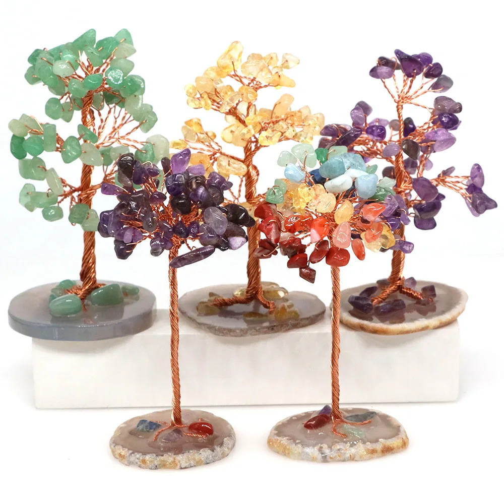 Pierre de guérison en cristal naturel d'arbre d'argent, base d'agate, pierres précieuses de quartz Reiki, fil de cuivre enveloppé, artisanat végétal, Feng Shui, décoration d'intérieur