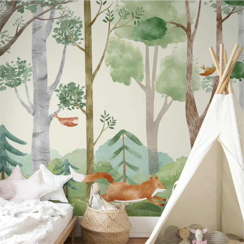 Custom Nordic Watercolor Forest Plants Cartoon Animals Wallpaper for Children's Room Boys wallpapers home decor wall decorations