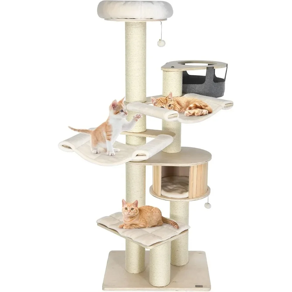 Cat Tree, Multi-Level Modern Cat Tower with Sisal Scratching Posts,Hammocks, Hanging Basket, and Jingling Balls, Cat Tree Tower