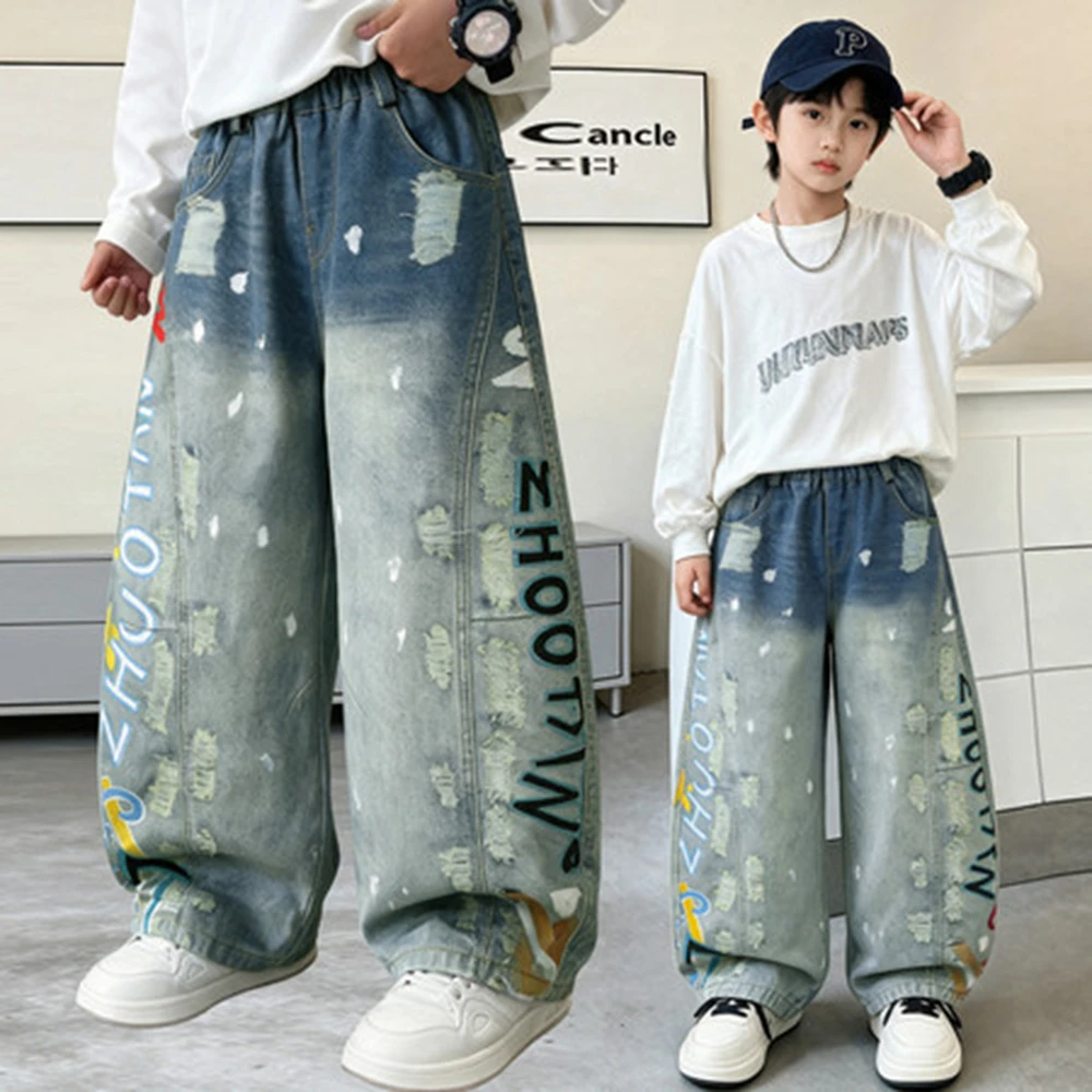 Street Style Kids Children Jeans for Hip Hop Dancing Fashion Gradient Denim Pants Boys Hiphop Rap Jeans Trousers 5 6 8 10 12 14Y