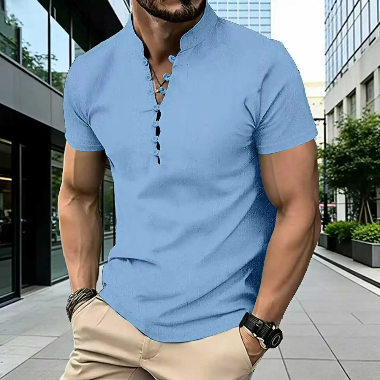 Summer men's new cotton and linen pure color casual and simple style, breathable, easy to dry, sweat-absorbing short sleeves
