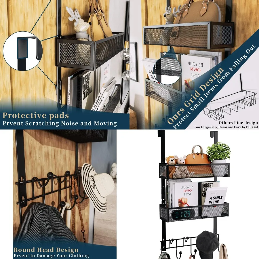 

Органайзер над дверными крючками с 9 крючками для одежды и 2 сетчатыми корзинами для дополнительного хранения, идеально подходящий для ванной и спальни, черный Finis