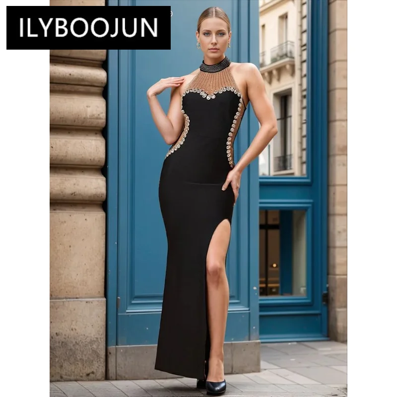 

Colorblock Spliced Diamonds Slimming Dresses For Women O Neck Sleeveless Split Formal Fress Female Luxury Brand