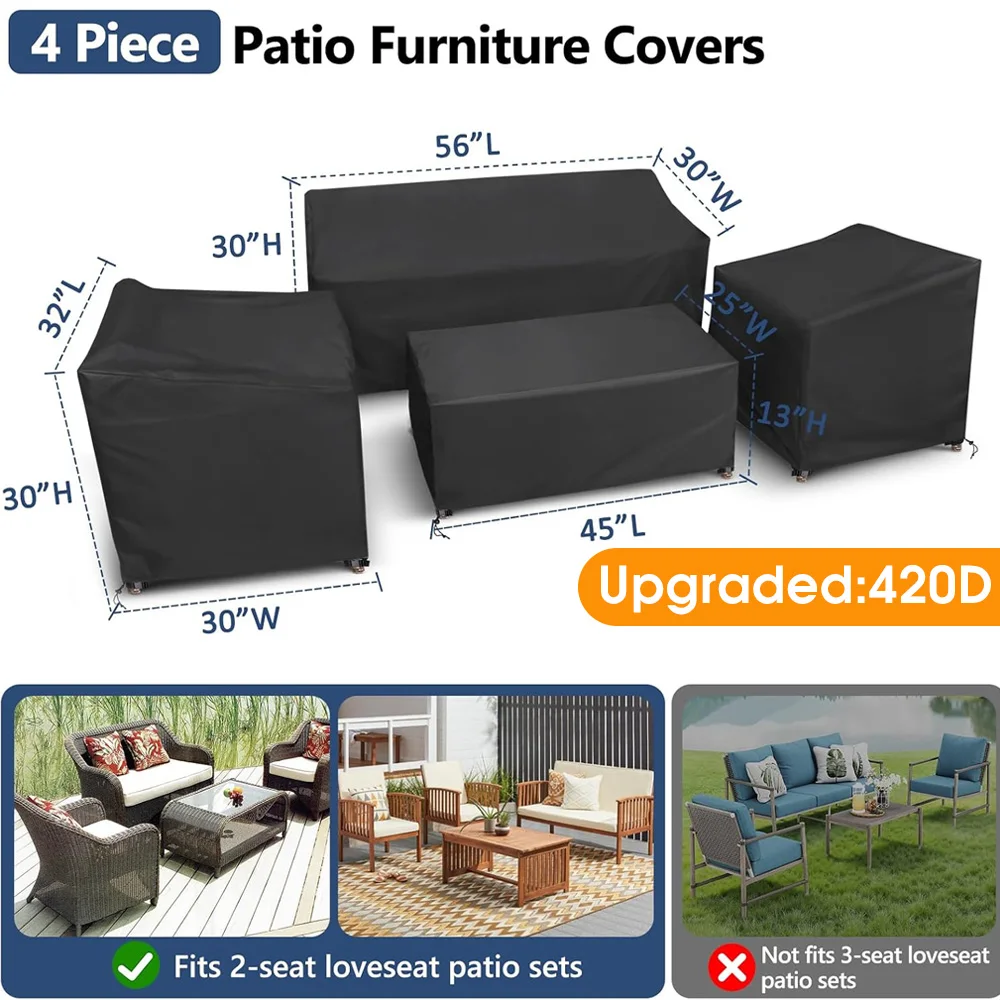 4 Pcs Patio Furniture Covers Set Waterproof Heavy Duty 420D Oxford Outdoor Rattan Sofa Loveseat Chair Table Cover All-Weather UV