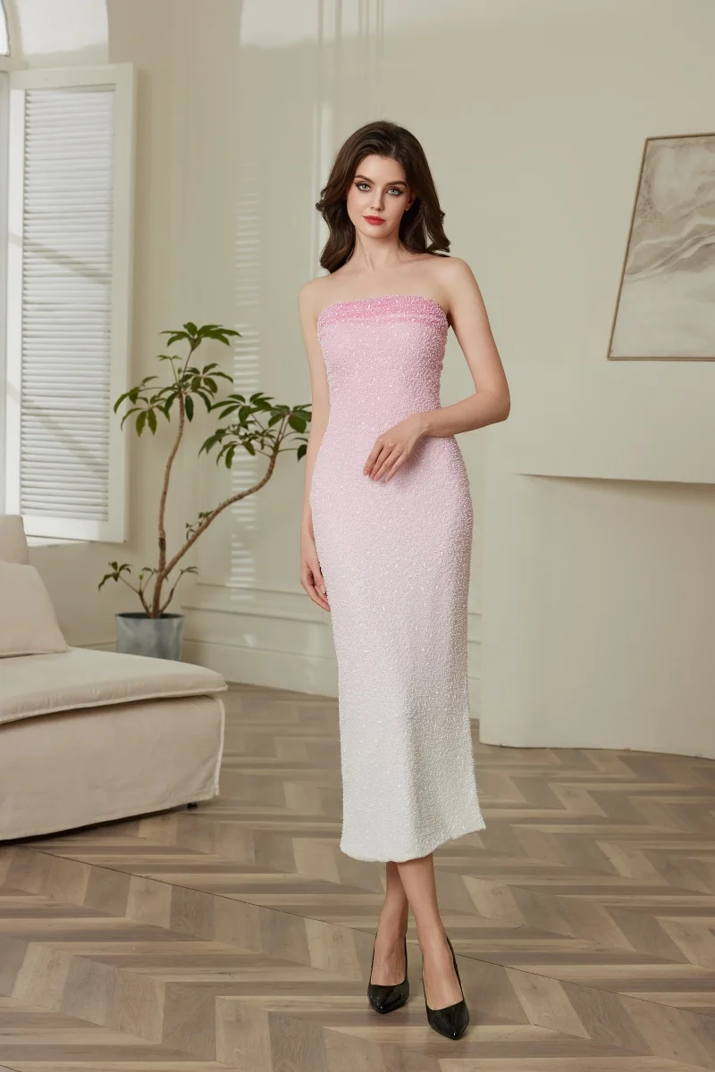 2025  Sexy Strapless Gradient Pink White Beaded Sequin Evening Dress Women Clothes Birthday Party