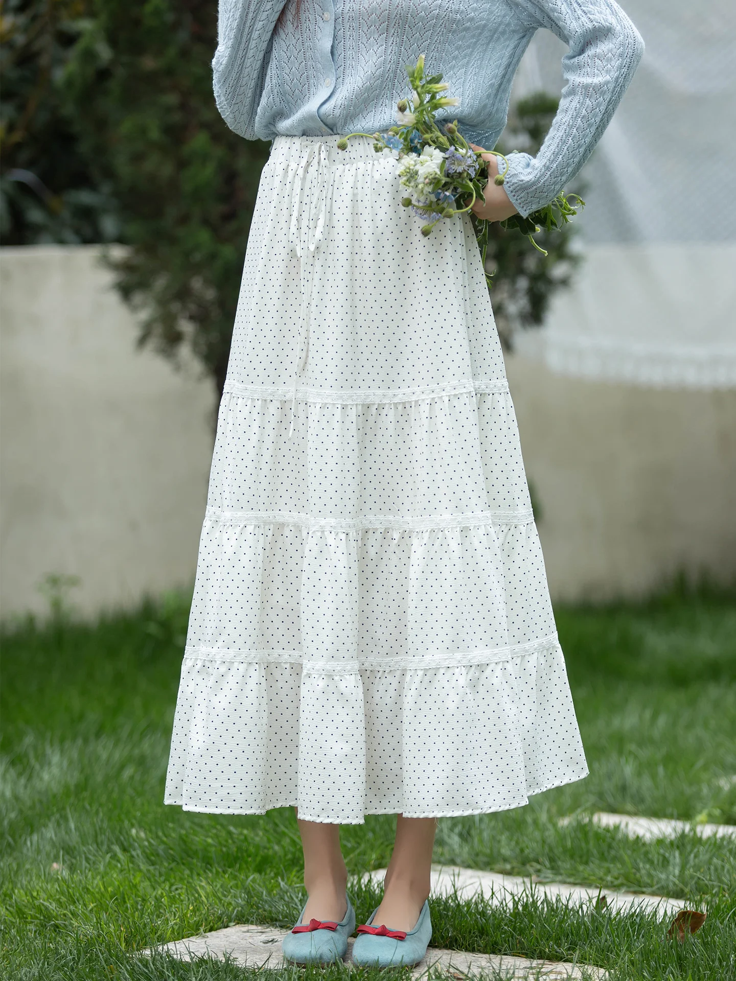 

Юбка А-силуэта с высокой талией, женская, в горошек, летняя, новая модель, многоярусная, маленький размер, длинная, из смесового хлопка