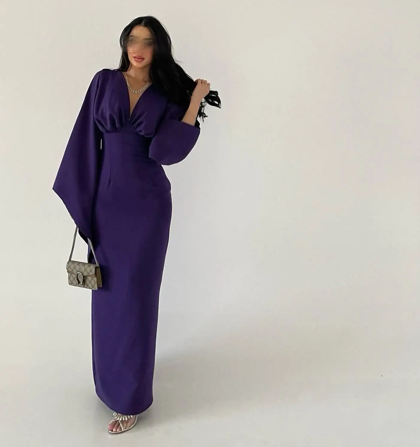 

Customized Sexy Jersey Straight Evening Dress High Quality V-Neck Long Sleeves Floor Length vestidos para mujer Custom Size