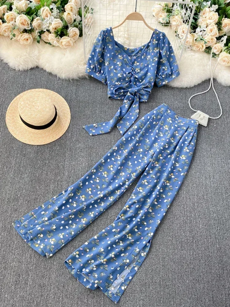 

Temperament Fashion New Bohemian Spring Floral Sets Two-piece Bow Tie Short Top Women High-waist Wide-leg Pants C279