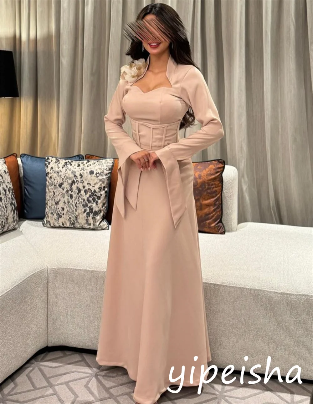 Customized Chinese Style Jersey Flower Pleat A-line Sweetheart Long Dresses Bespoke Occasion Exquisite