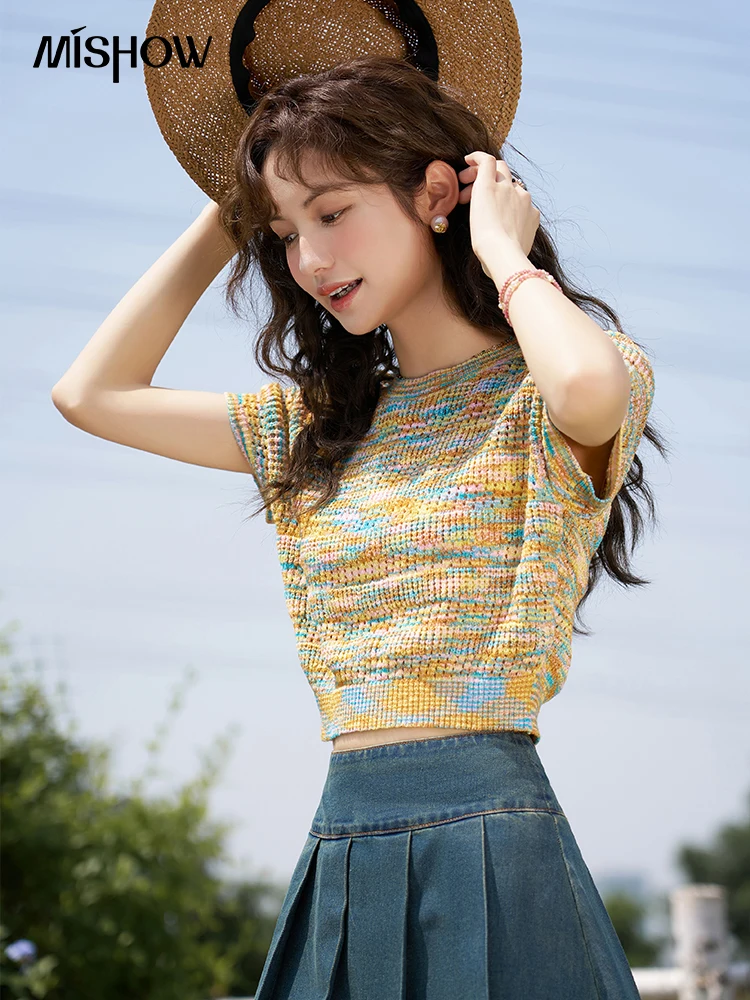 MISHOW Sweet Colorful Stripes Knitwear Short Sleeve T-shirt 2024 Summer O Neck Tees Bottom Thread Closure Slim Top MXD21Z0576