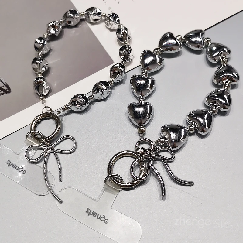 

Korean INS Silver Heart Bead Bow Phone Lanyard - Cute Pendant Charm, Ideal Gift for Girls