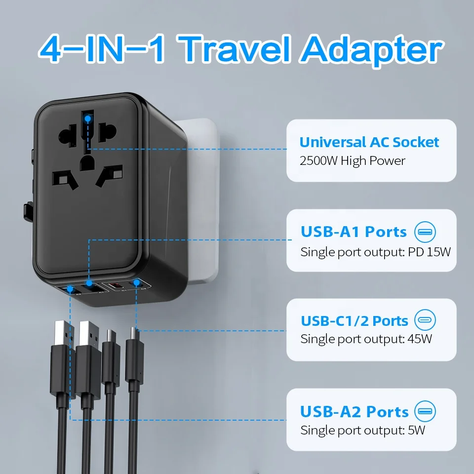 65W Portable World Universal Travel Adapter with USB and Type-C Smart USB Charger Electrical Plug Socket