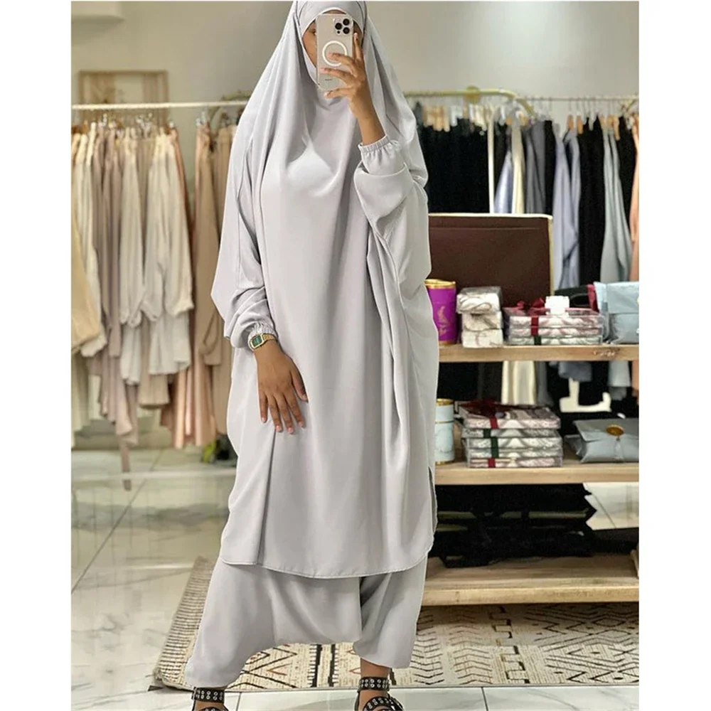 2pcs Women Khimar Pant Set Abaya Prayer Dress Muslim Full Cover Eid Djellaba Hooded Ramadan Abaya Kebaya Jalabiya Islam Clothing