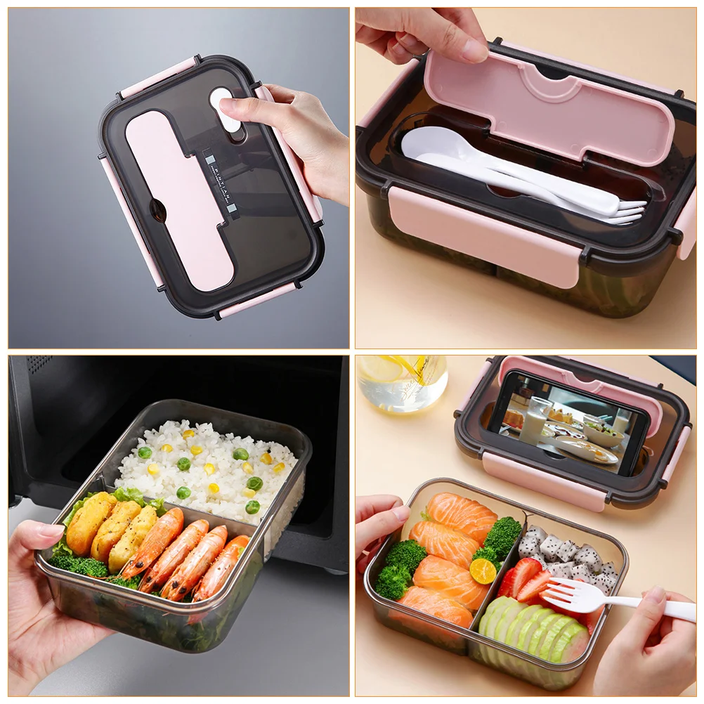 

1500Ml Plastic Lunch Box Two-Division Sealed Container With Cutlery Holder Portable Office Food Storage Silicone Seal Leakproof