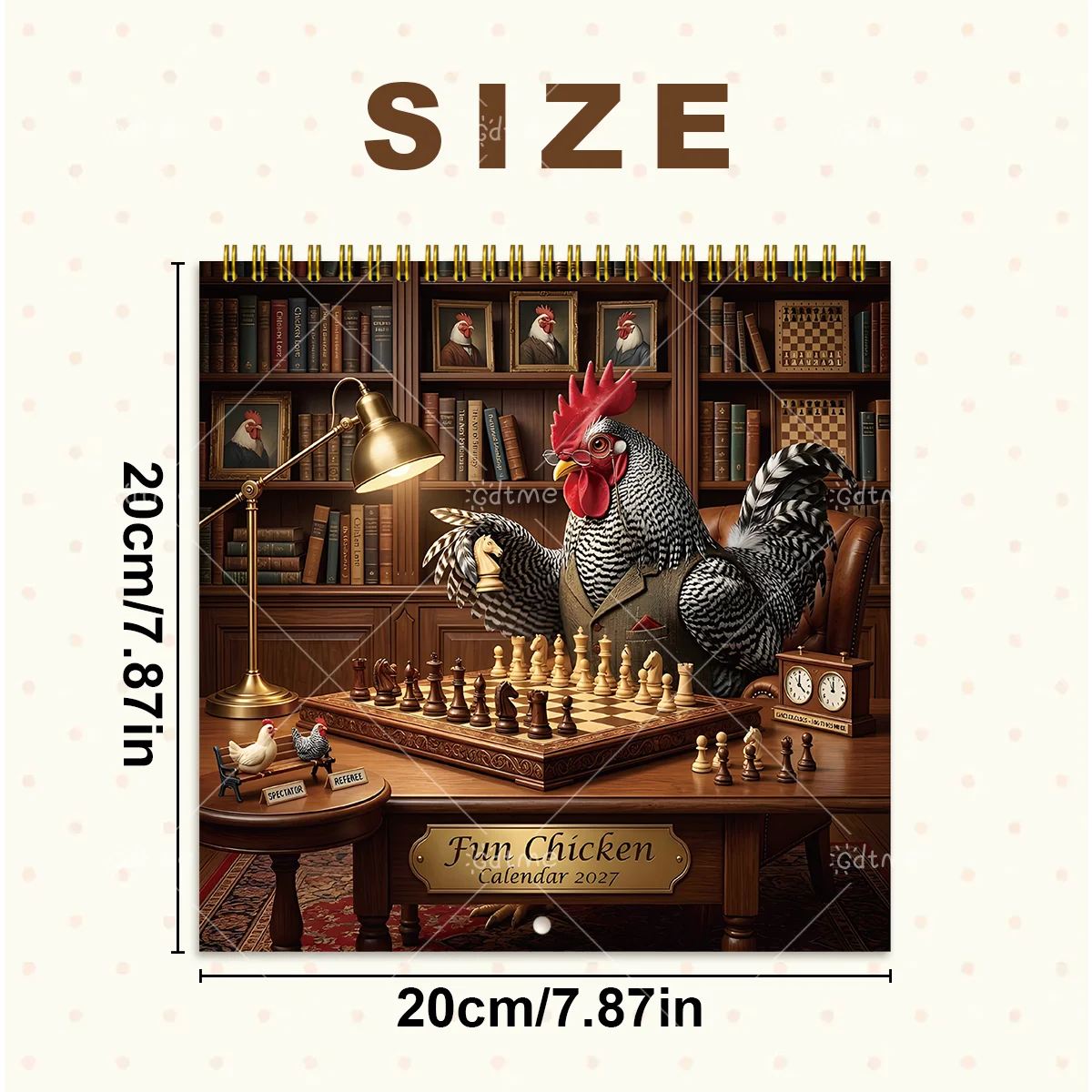 Fun Chicken 2027 Wall Calendar, Funny Rooster Playing Chess in Library,Spiral Bound Monthly Whimsical Animal Home Decor Calendar
