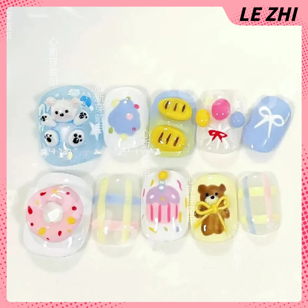 Kawaii 3D Cartoon Press On Nail Party Sticker Short Square Cute Dessert Decoration Detachable Reusable Party Sticker Nail Gift