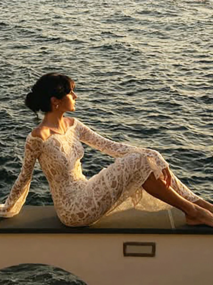 Weird Puss Sexy Jacquard Mesh Dress Women Wave Slash Neck Flare Sleeve Lace Elegant Evening Birthday Prom Party Skinny Bodycon