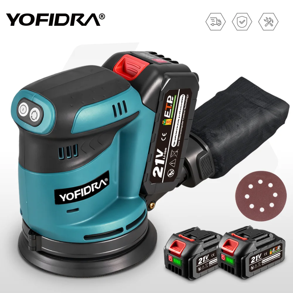 YOFIDRA Elektrische Exzenterschleifer 125 MM Akku-schleifen Schleifen Polieren Maschine Holzbearbeitung Power Tool Für Makita Batterie Pin