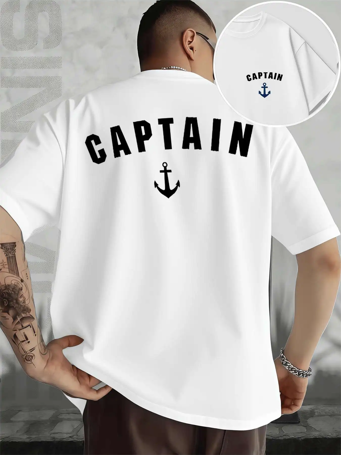 

Мужская футболка с рисунком Captain Anchor, модная повседневная футболка из чистого хлопка с двусторонним принтом и круглым вырезом, 220 г/м2,