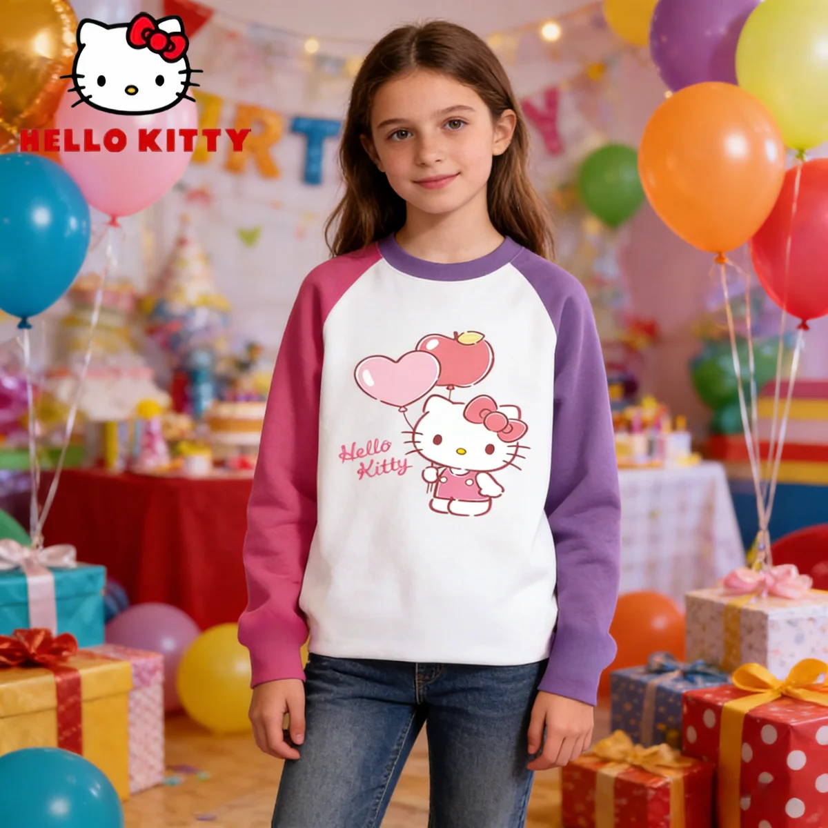

Hello Kitty Kids Soft Comfortable Sweatshirt Girls Round-neck Pure Cotton Long-sleeved T-shirt Lightweight Breathable Pullovers
