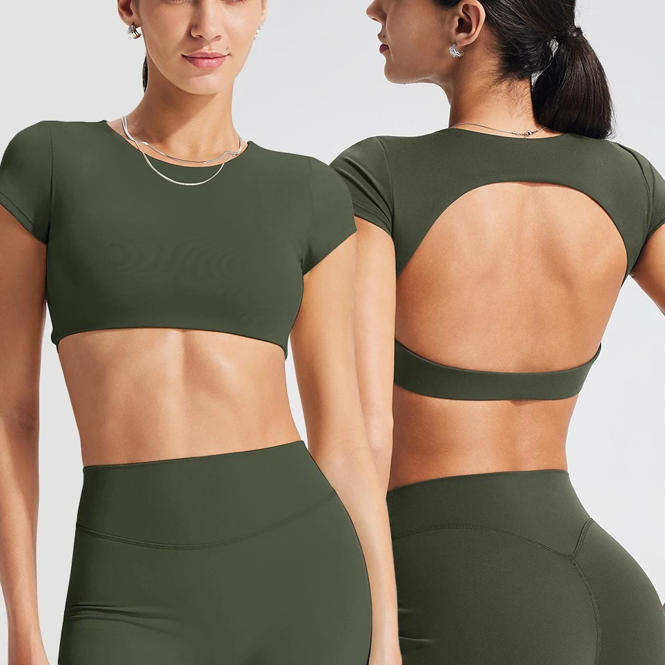 

Женская бесшовная спортивная футболка для йоги, фитнеса, с коротким рукавом, без спинки, для спортзала, бега, активного отдыха