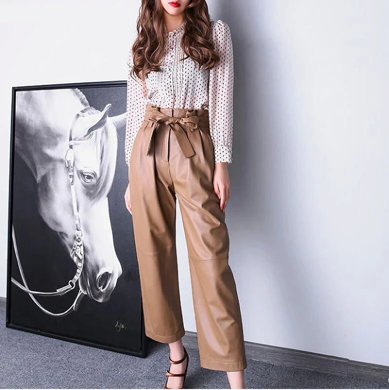 Straight Pants Women Female Genuine Leather Nappa Folded High Elastic Waist Bow Tie Lace Trousers Mujer Grass Green Pantalon