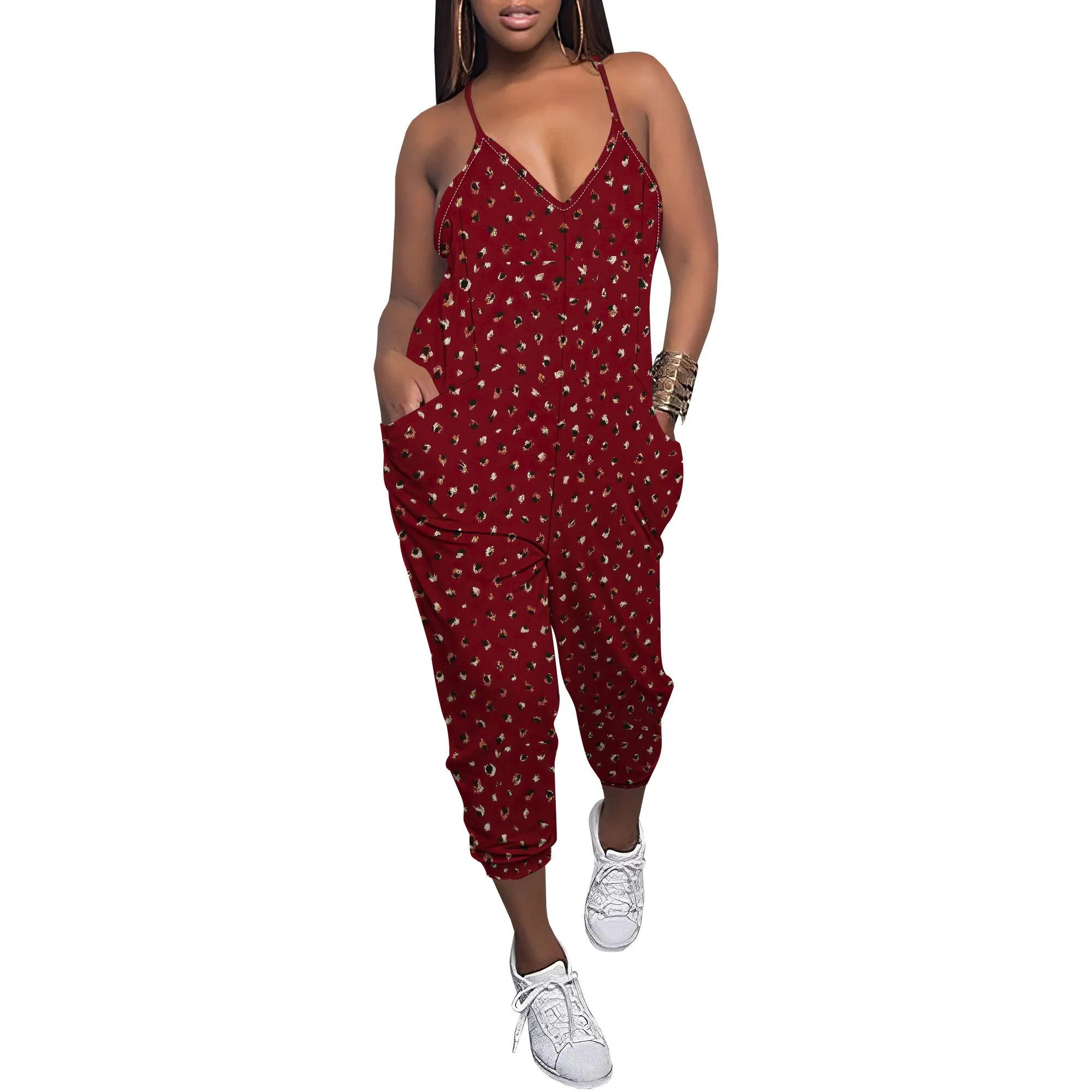 

Women's Cute Spaghetti Strap Solid Capri Jumpsuits One Piece V Neck Jumpsuit Rompers with Pocket Club