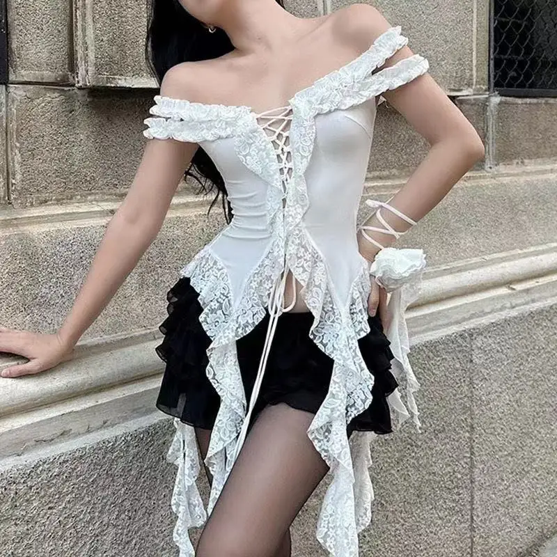 Élégant À Volants Haut Bas Femmes Rétro Blanc Gothique Vintage Mini Robe Hauts Soirée Streetwear Français 2025 Mode Été Nouveau