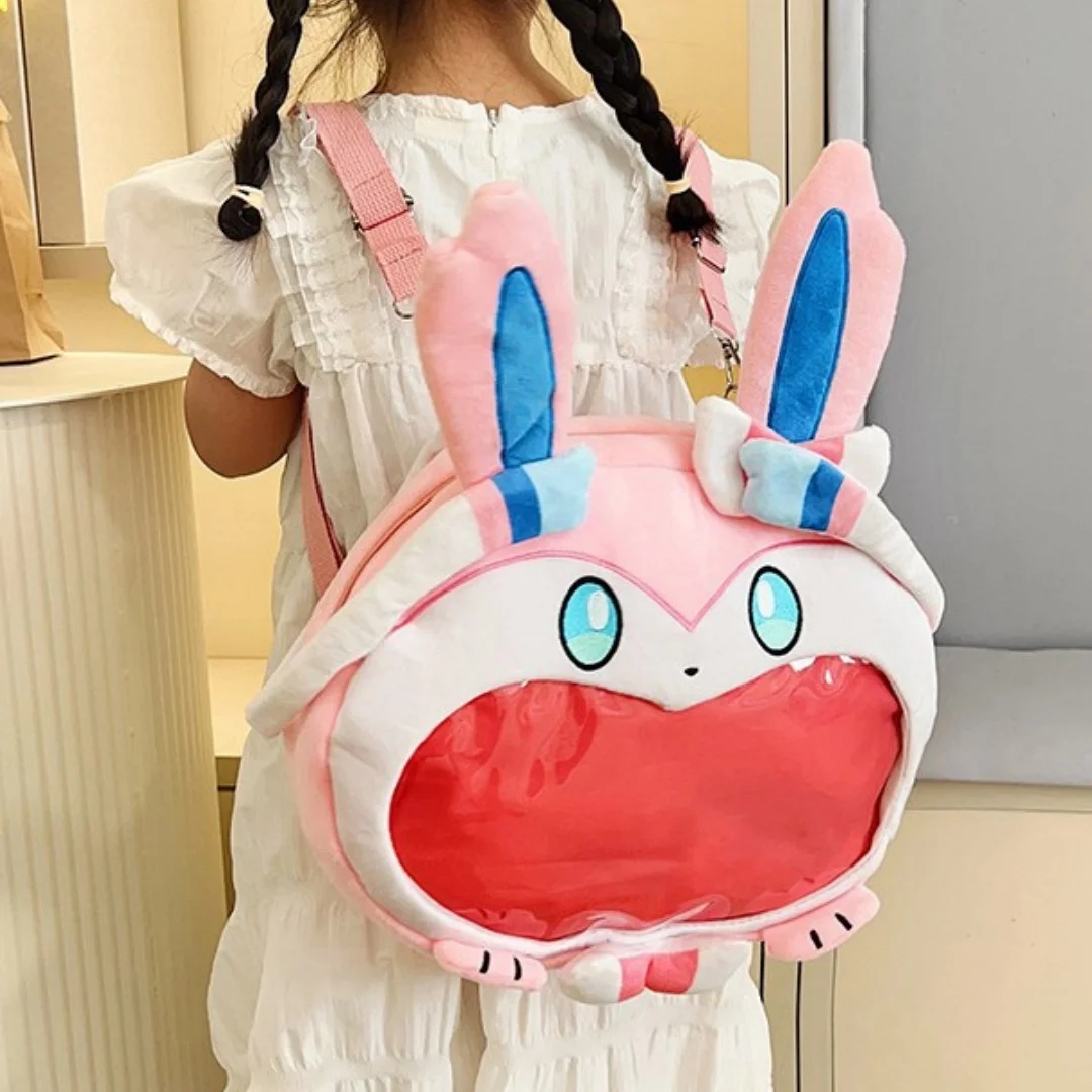 Lovely Sylveon Pink Plush Ita Backpack Clear Window Pin Badge Card Display Adjustable Strap Anime Shoulder Bag for Fans Gift