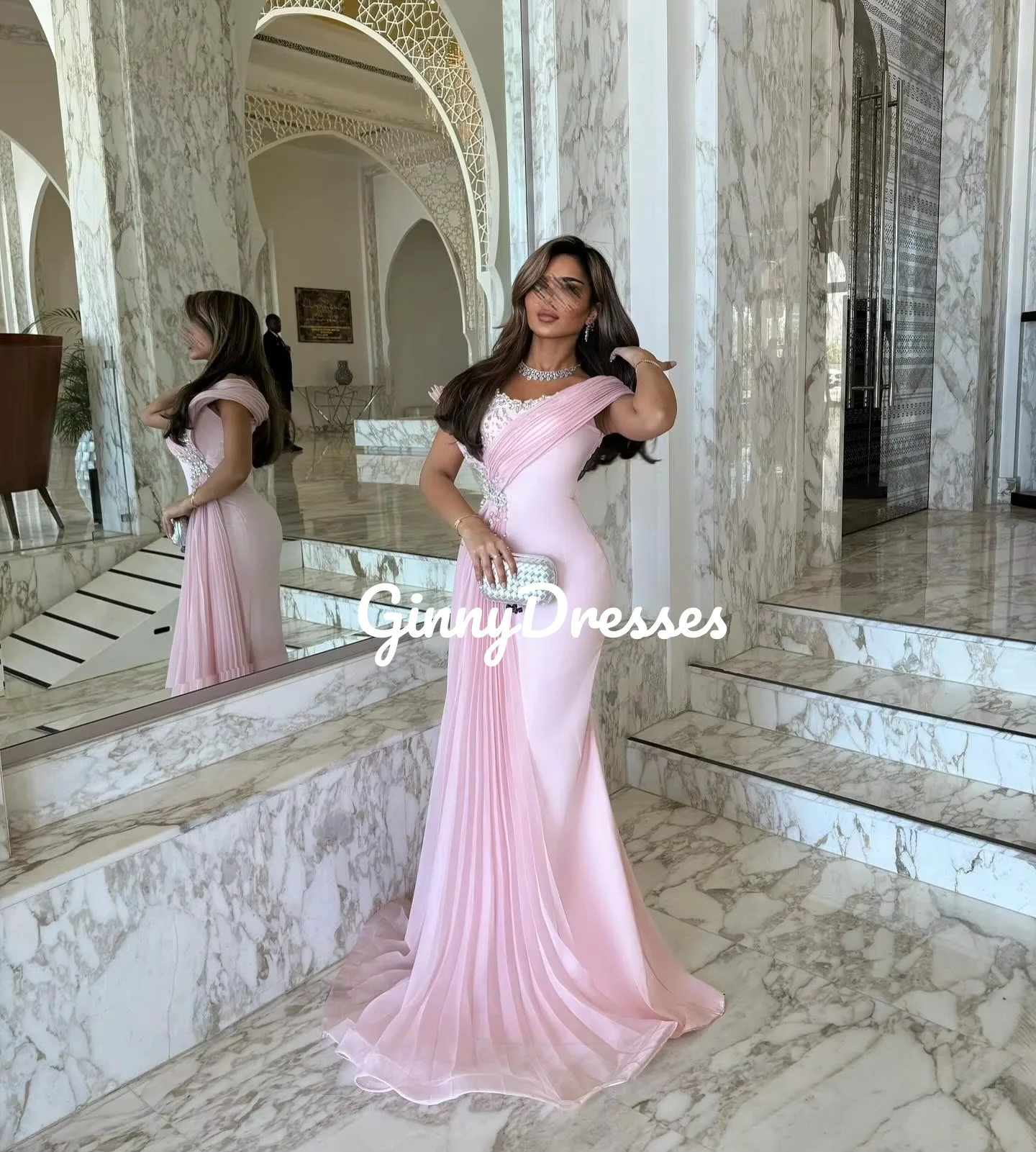 فسات Mohamed 1914 Anpassen Meerjungfrau Sweep Zug Rüschenkleider für besondere Anlässe U-Ausschnitt Reißverschluss kurze Ärmel Kleider