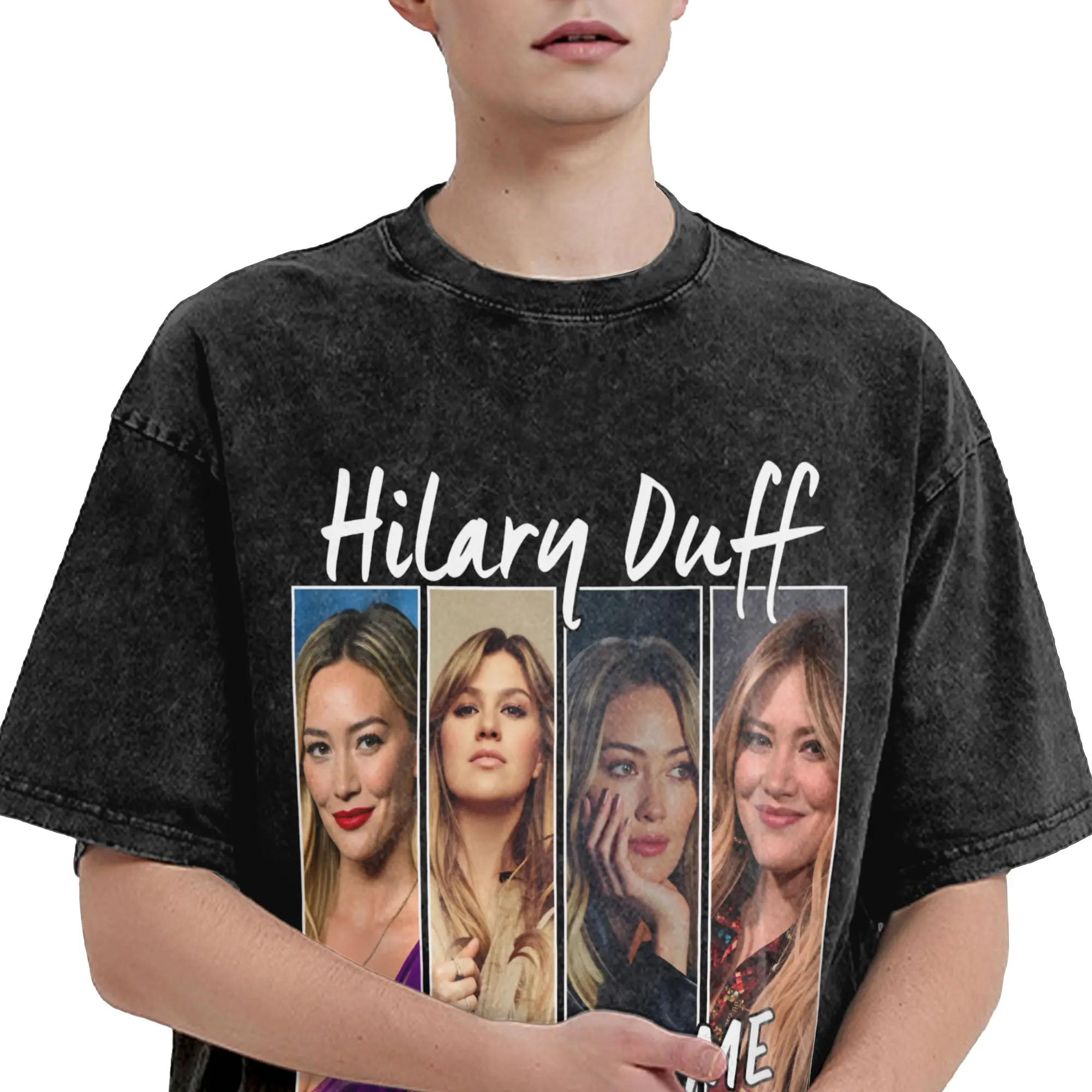 Harajuku Washed Shirts Hilary Duff The Lucky Me Tour 2026 Outfit Vintage T Shirt Oversize  Streetwear Short Sleeve Printed Tees